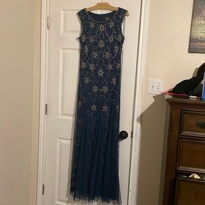 Navy Beaded evening gown with cap sleeves